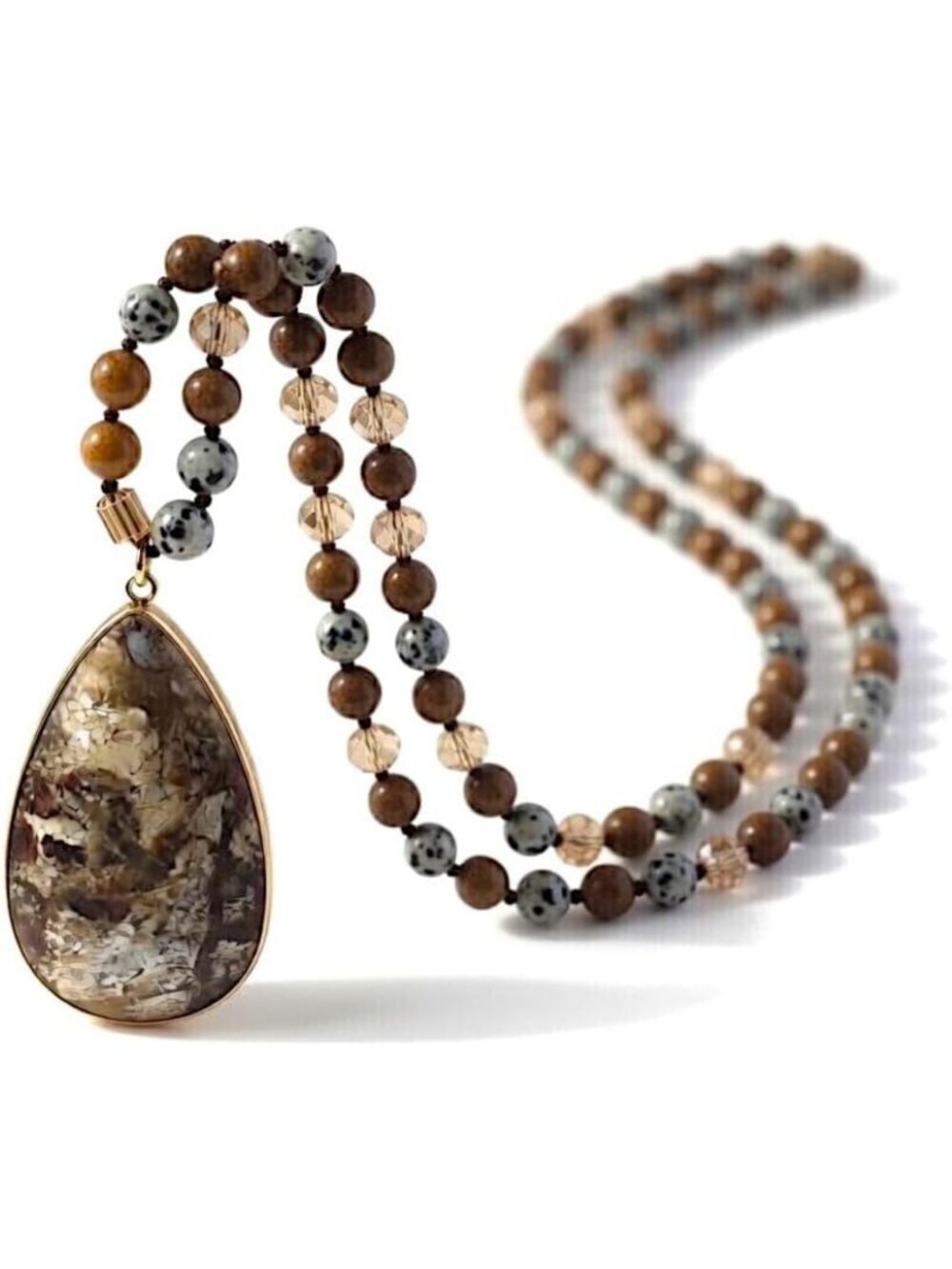 Handmade Boho Statement Necklace | Long Natural Stone Beads & Pendant Jewelry
